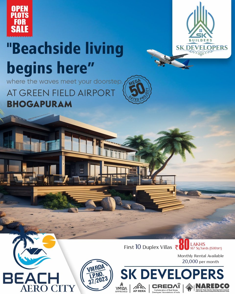 InfoS58014's tweet photo. 🏖️ Beachside living begins here!
Experience luxury near Greenfield Airport, Bhogapuram at BEACH AERO CITY by SK Developers.
✨ Duplex Villas (167 Sq.Yds) at ₹80L
💰 Earn ₹20,000/month rent
✅ VMRDA &amp; AP RERA Approved

Live where waves meet your doorstep! 🌊 https://t.co/K6QvFtKXNn