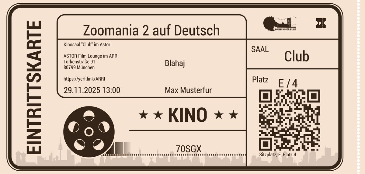 Nur noch ein paar Wochen, dann geht's ins Kino: Schnappt euch jetzt eines der letzten Tickets, bevor sie weg sind! 

Hier kommt Ihr zur Telegram Gruppe für das Event:
t.me/+y7RqrppAkhdkN… 

Tickets gibt es hier:
seating.muenchner-furs.de/zoomania-2/