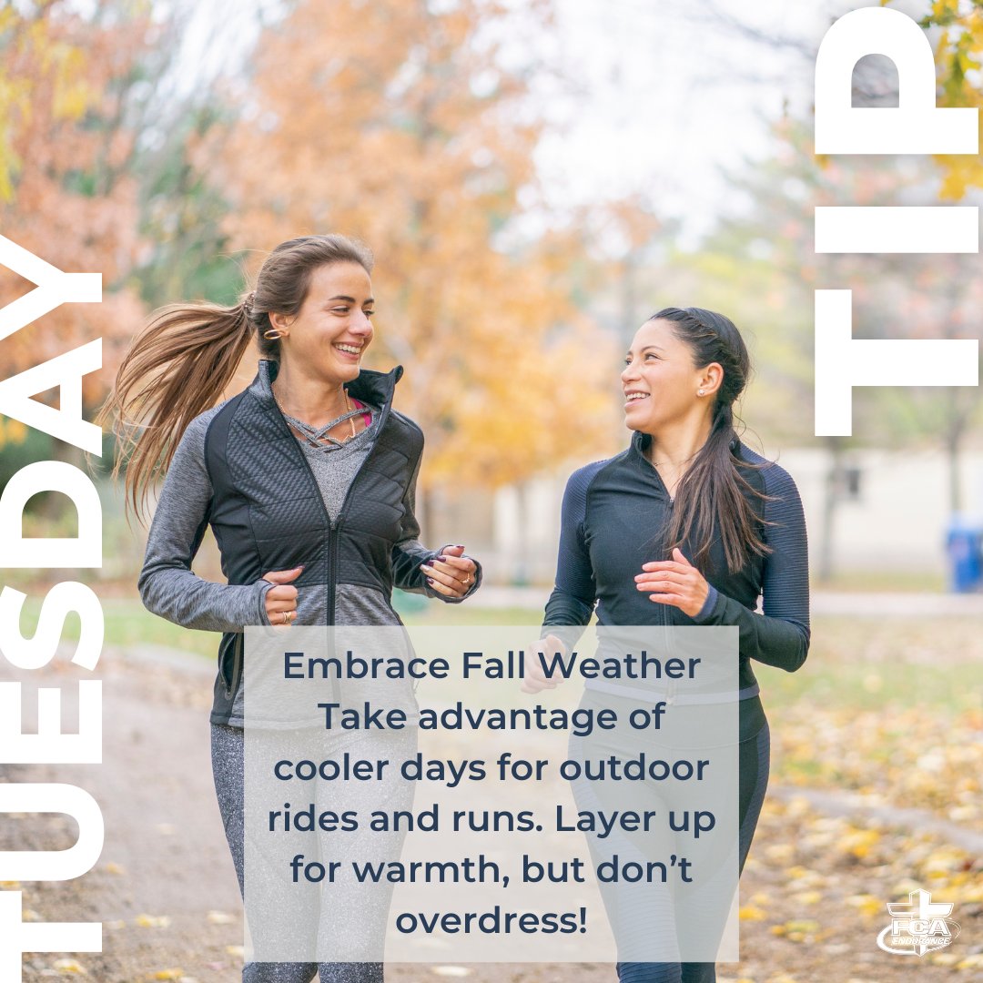 FCA_Endurance's tweet image. Tuesday Training Tip: Embrace Fall Weather 🍂🍁

Take advantage of cooler days for outdoor rides and runs. Layer up for warmth, but don’t overdress!

#falltraining #trainingtips #training #running #triathlon #duathlon #FCAFam