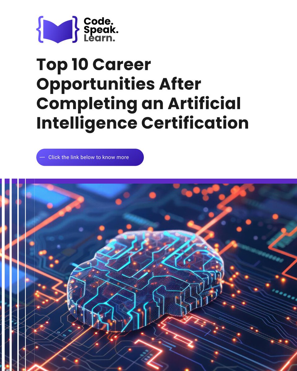 CodeSpeakLearn's tweet image. Unlock your future in AI!
Discover the Top 10 AI Career Opportunities waiting for you after certification.
See where your skills can take you codespeaklearn.com
#ArtificialIntelligence #AITraining #CareerGrowth #OnlineLearning #MachineLearning