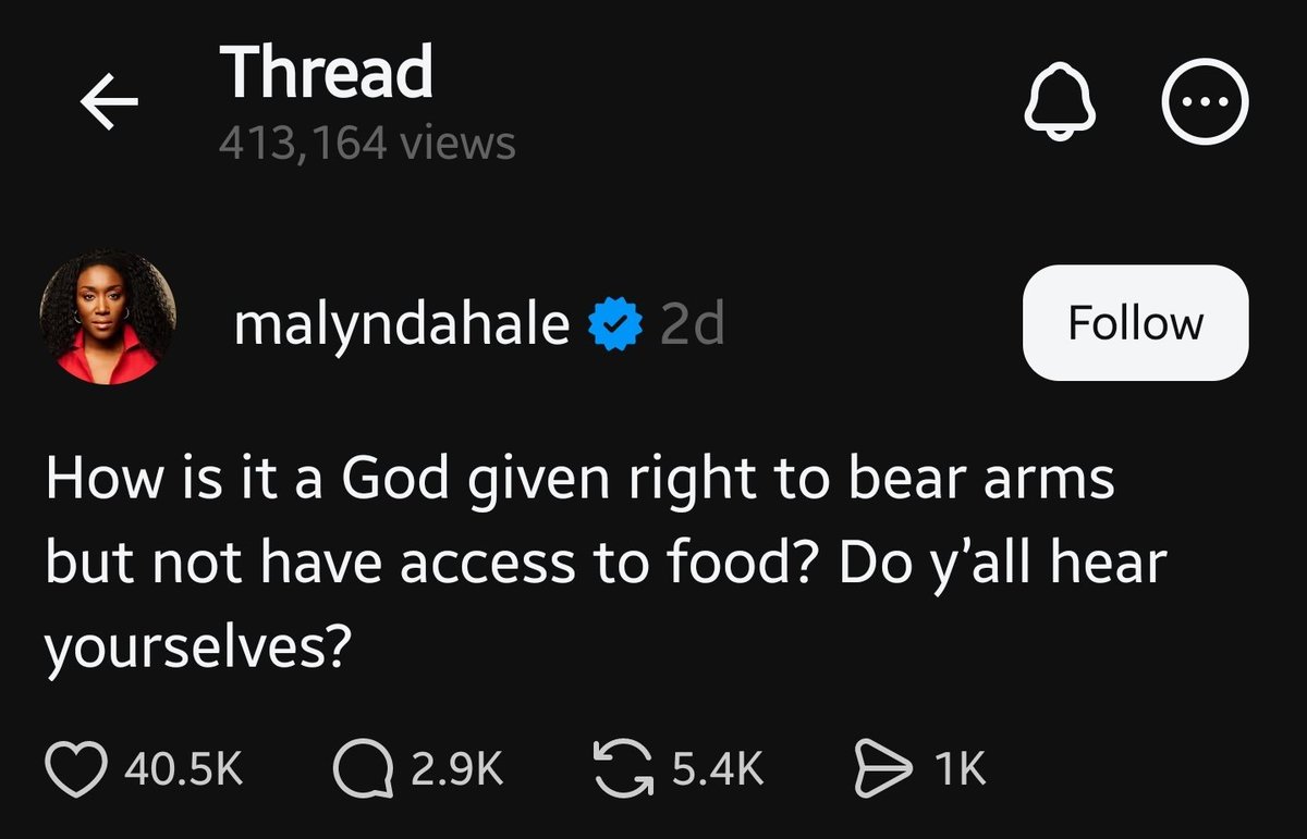 The mentality of the Left....
Notice how she creates an equivalency between "bearing arms" and access to food?

My creator gave me the RIGHT to bear arms, but did not require the Government to pay for them.

She has a "Right" to eat but doesn't have a Right to have food provided