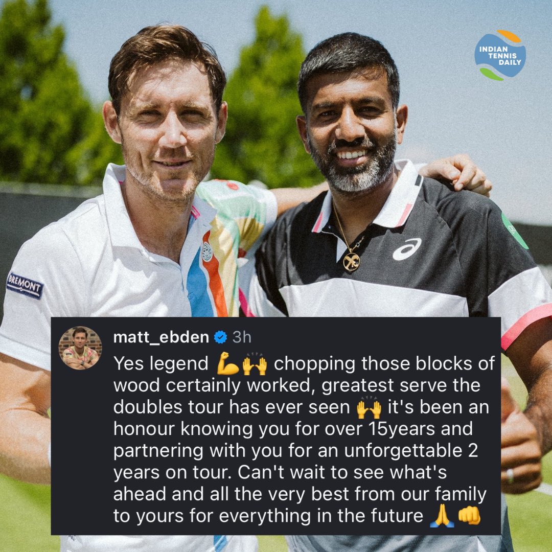 IndTennisDaily's tweet image. 2024 Olympic Gold Medalist and multiple Grand Slam champion 🇦🇺Matt Ebden shares a heartfelt congratulatory message for his close friend Rohan Bopanna