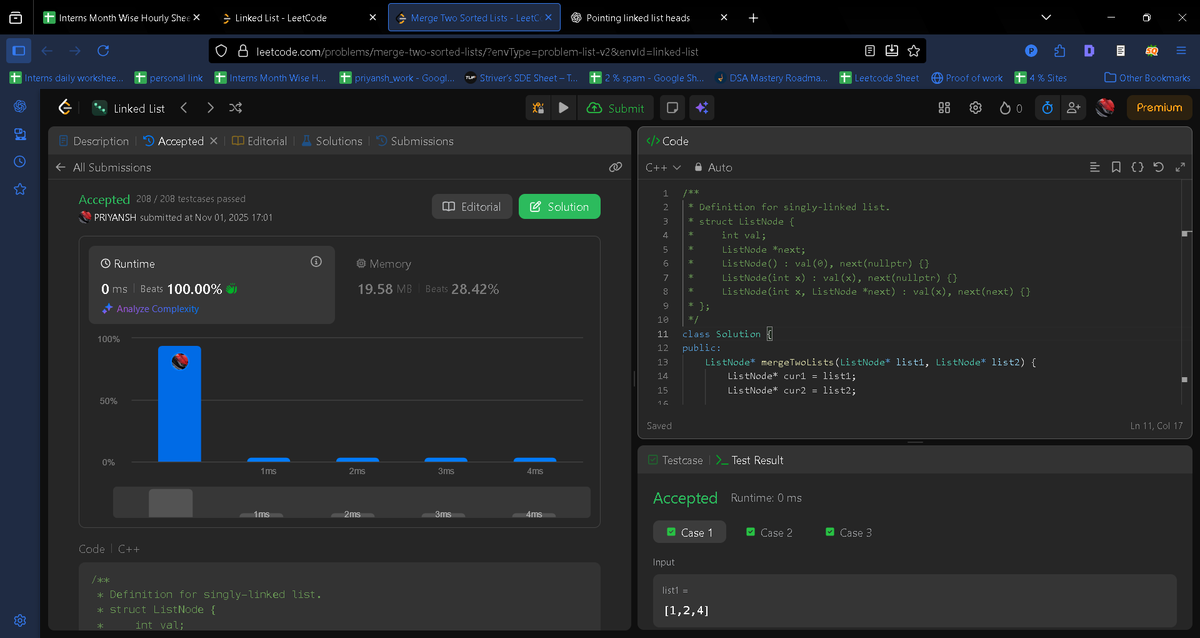 RaptorG7079443's tweet image. Day 22 of the DSA journey! 🚀 Just tackled "Merge Two Sorted Lists" on LeetCode and scored a 0ms runtime, beating 100% of submissions. It’s incredibly satisfying to see the daily practice pay off with clean, efficient code.
#100DaysOfCode #DSA #LeetCode #CodingJourney #LinkedList