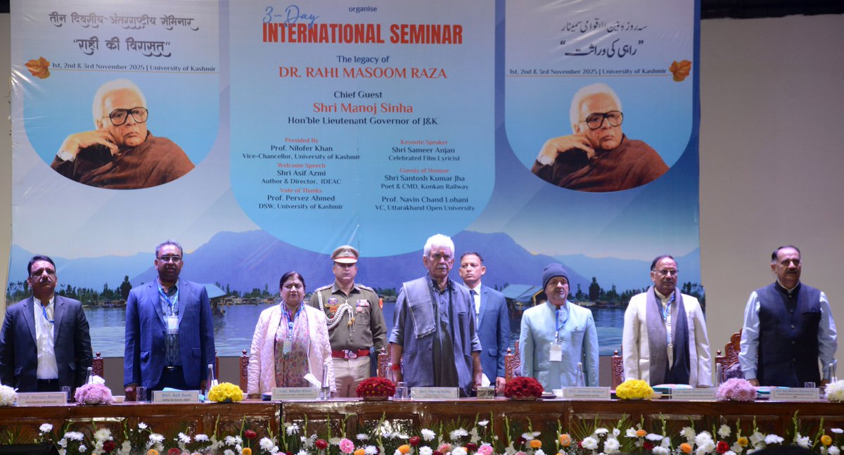 Jammu and Kashmir Lieutenant Governor Manoj Sinha, along with Kashmir University Vice-Chancellor Nilofar Khan and renowned Bollywood lyricist Sameer Anjaan, attends the inaugural session of a three-day International Seminar on the legacy of Rahi Masoom Raza in Srinagar.