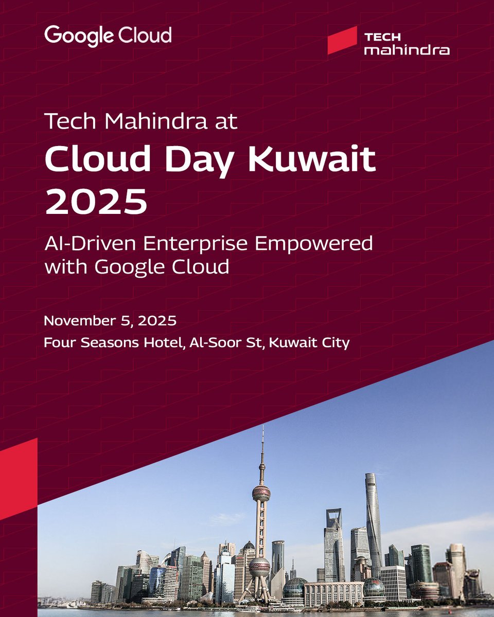tech_mahindra's tweet image. The era of AI calls for bold thinking and transformative action.
Join @Tech_Mahindra on 5 November at Google Cloud Day Kuwait 2025 as we shape the future of the AI-driven enterprise.
As a Foundation Sponsor, we’re driving agility, resilience, and efficiency through…