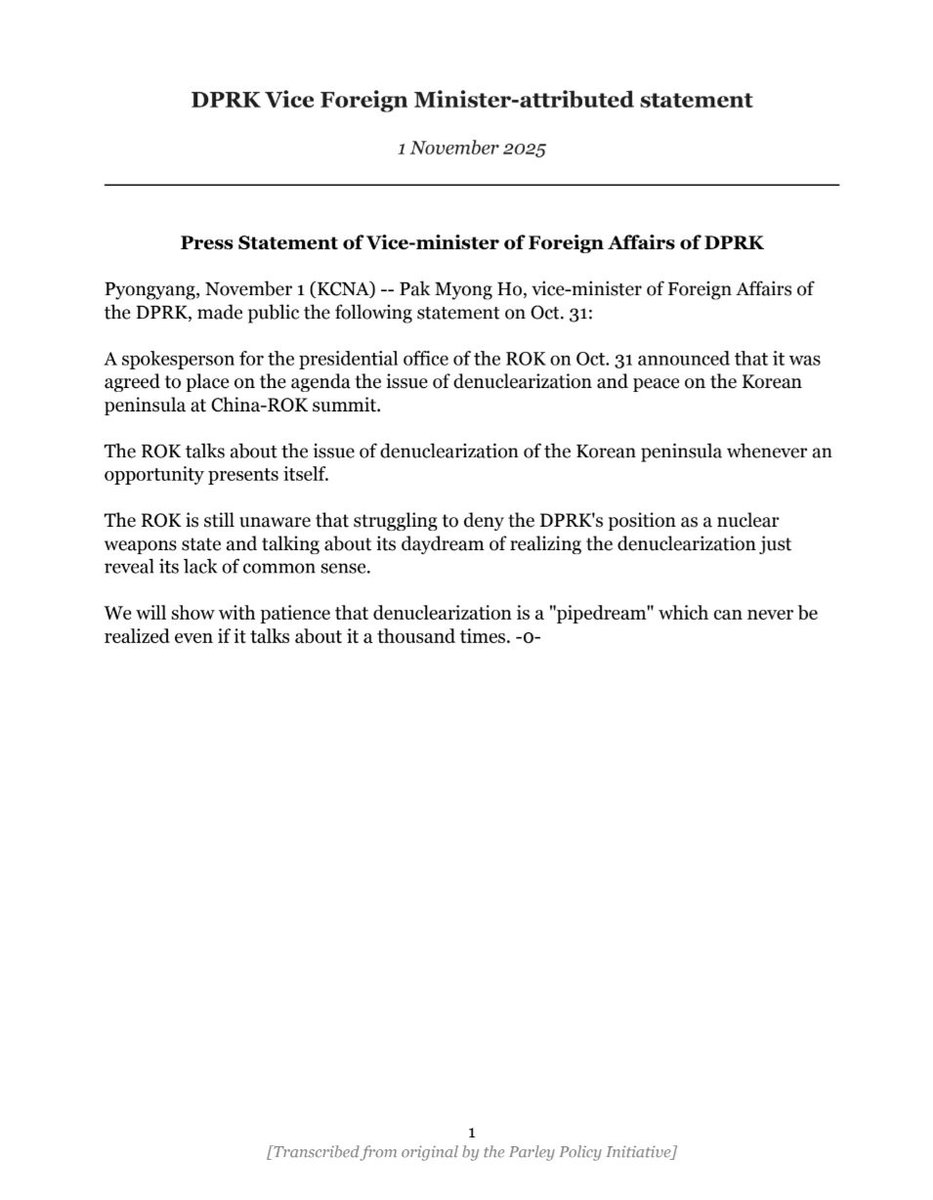 ParleyPolicy's tweet image. This morning, #DPRK state media published a statement attributed to Vice-Minister of Foreign Affairs Pak Myong Ho in response to recent talking points from the #ROK government on #denuclearization.

The statement rejected the #Lee Jae Myung administration&apos;s continued commitment…