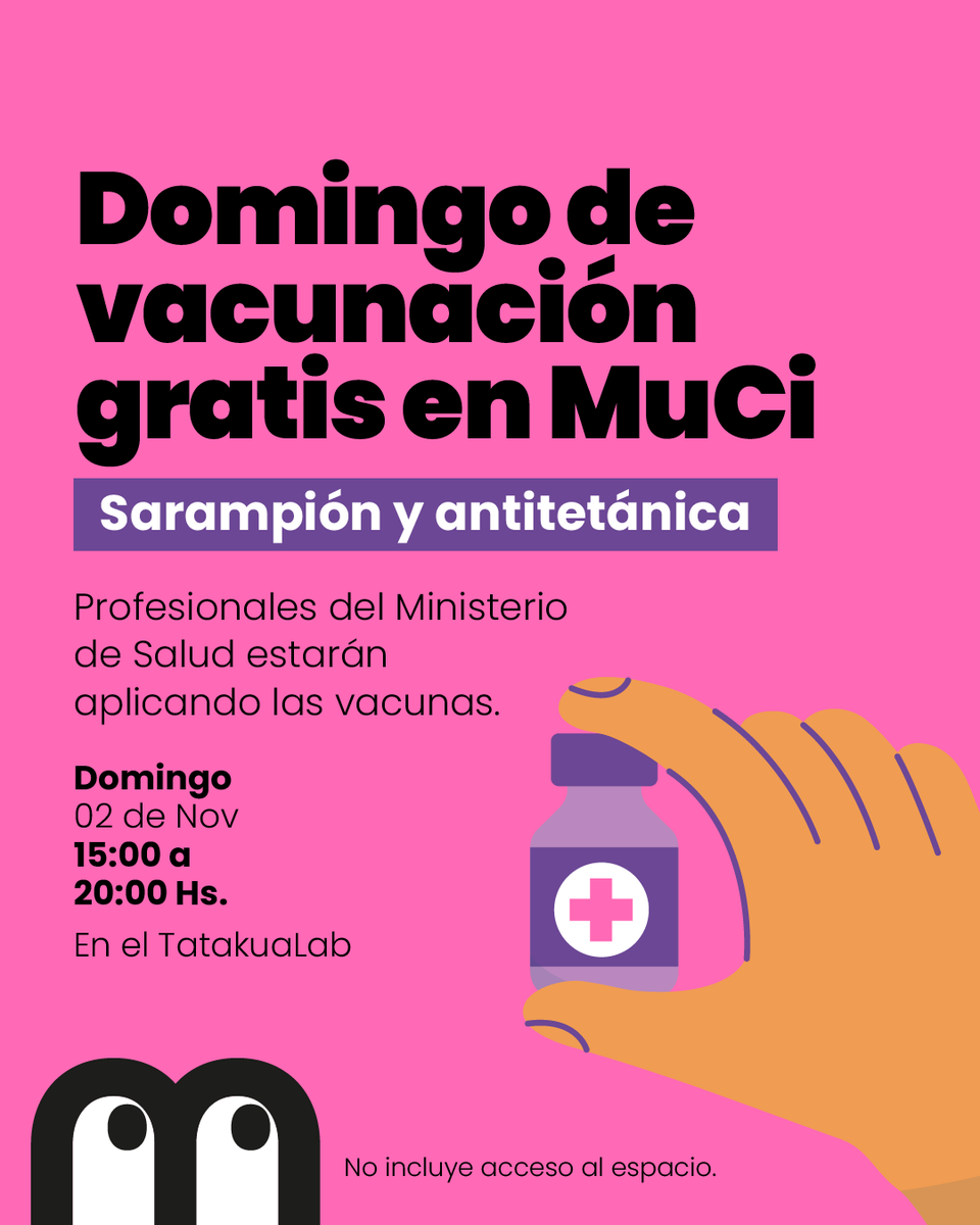 muci_py's tweet image. Sumate a nuestra jornada de vacunación gratuita en el Tatakualab! 💉🇵🇾

Profesionales del Ministerio de Salud nos acompañarán para aplicar vacunas de Sarampión y Antitetánica.

📅 Domingo 2 de noviembre - 15:00 a 20:00 hs