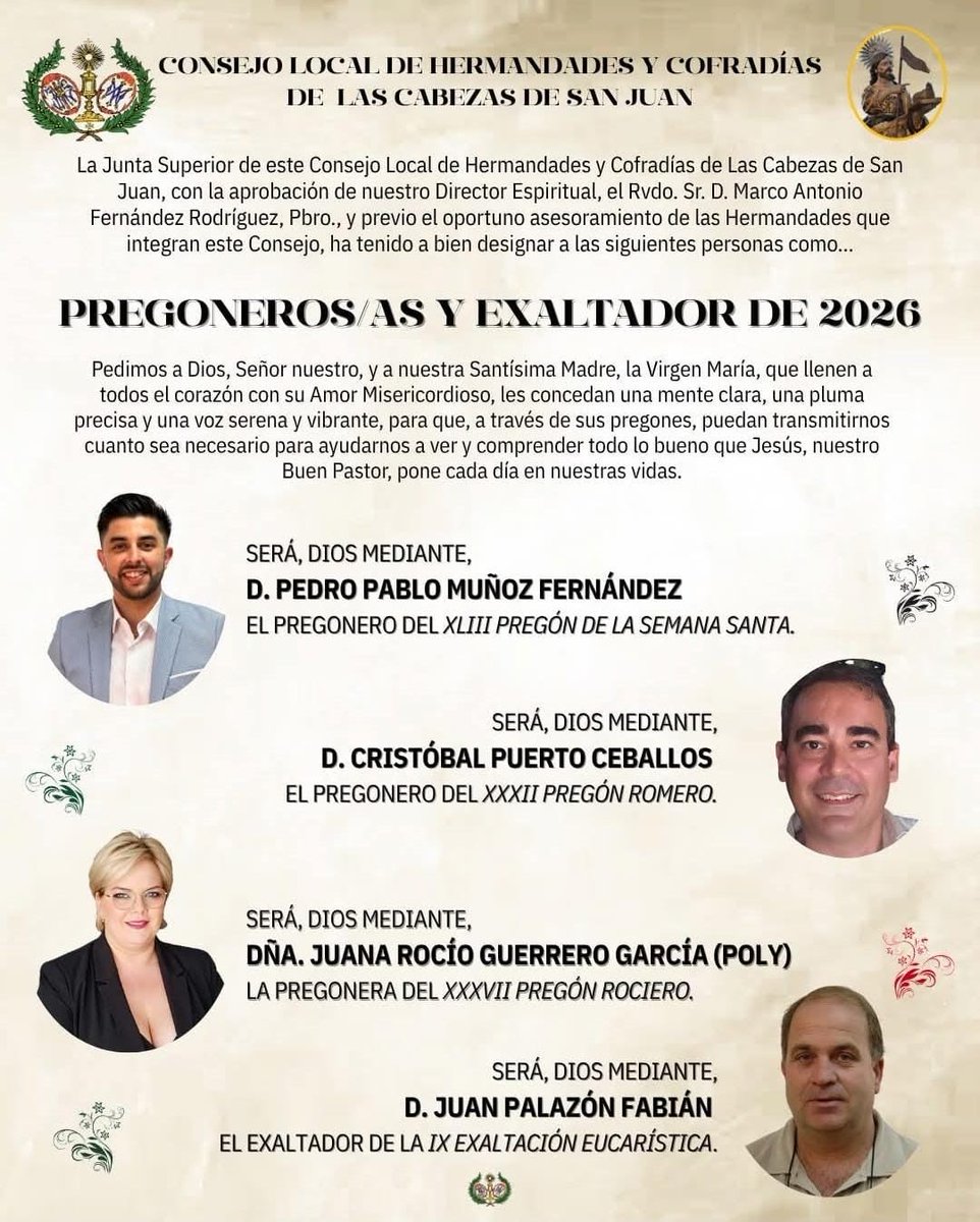 HSentierro's tweet image. #ACTUALIDAD • Desde la Hermandad del Santo Entierro damos las más sinceras enhorabuenas a los cabeceños/as que pregonarán, Dios mediante, las principales festividades cristianas de nuestra localidad.
#hermandad #lascabezas #santoentierro #pregón