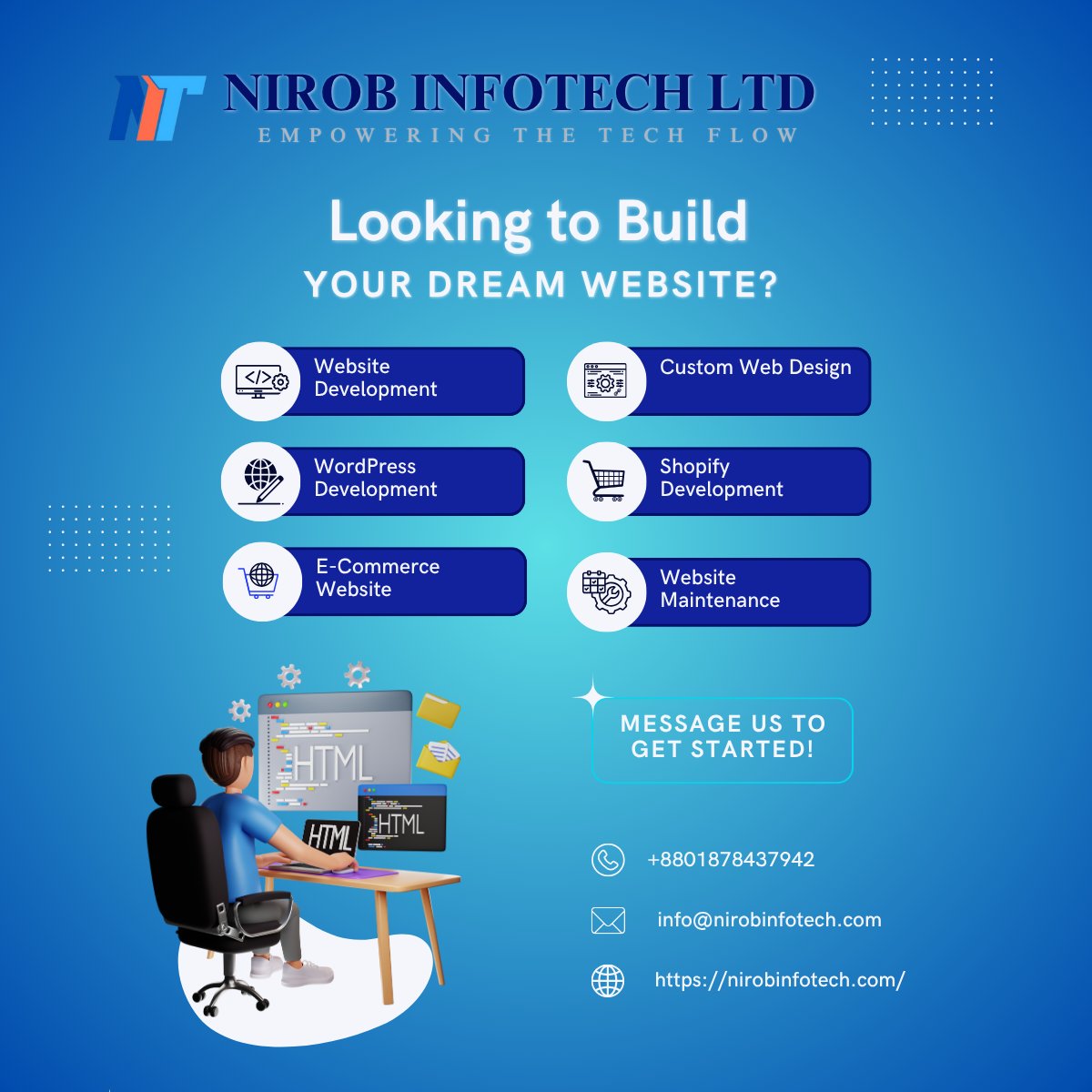 Nirob_InfoTech's tweet image. Tired of a basic online presence? NIROB INFOTECH LTD is here to empower your tech flow and build the dream website.
​#WebDevelopment #CustomWebDesign #WordPressDeveloper #ShopifyDevelopment #EcommerceWebsite #WebsiteMaintenance #DigitalMarketing #BusinessGrowth #TechSolutions