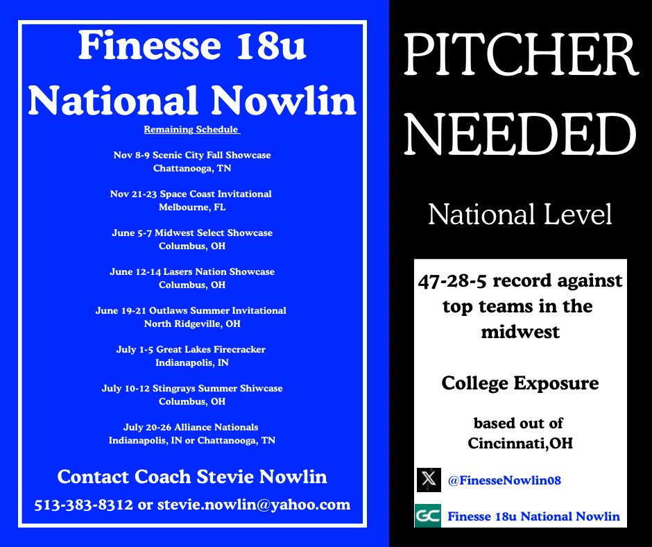 Due to an injury my team <a href="/FinesseNowlin08/">Finesse 18u National Nowlin</a> is looking to add a pitcher. 😢💙🖤💙🖤