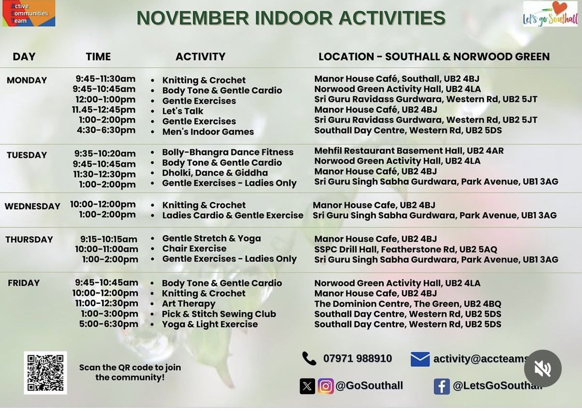 JM4NorwoodGreen's tweet image. #NorwoodGreen #Southall &amp;amp; @EalingCouncil residents @GoSouthall November indoor activity calendar is now live!
From knitting &amp;amp; crochet groups to lets talk events &amp;amp; lots, lots more besides —get involved meet new friends &amp;amp; enjoy great company!
Scan their QR code to #getoutgetactive