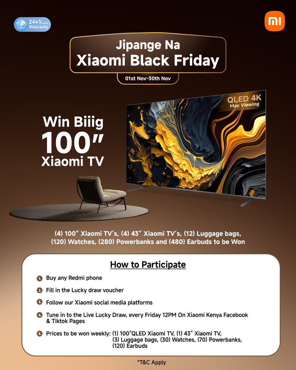 From unbeatable prices to unbeatable rewards. Buy any Redmi phone this November and secure your entry to win smartwatches power banks earbuds travel luggage and even a 100 inch QLED TV. Your time to win is now #XiaomiBlackFriday Jipange Na Xiaomi