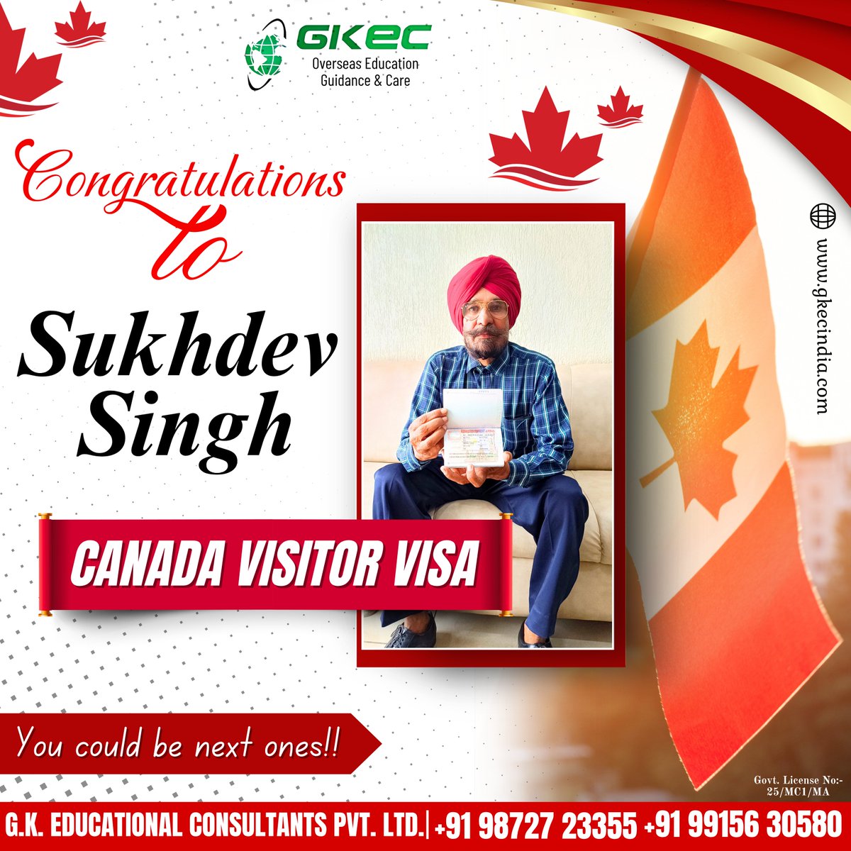GKec_India's tweet photo. 🇨🇦 Visa Approved! 🎉
Big Congrats to Sukhdev Singh Ji on getting his Canada Visitor Visa with GKEC 💼✈️
You could be next! 🚀
📞 Call Now: +91 99156 30580 | +91 98727 23355

 #adspromote #canadavisa 

#ProWrestlingLeague #Stampede #INDvsSA #SomniaHalloween https://t.co/36xV1OgvIO
