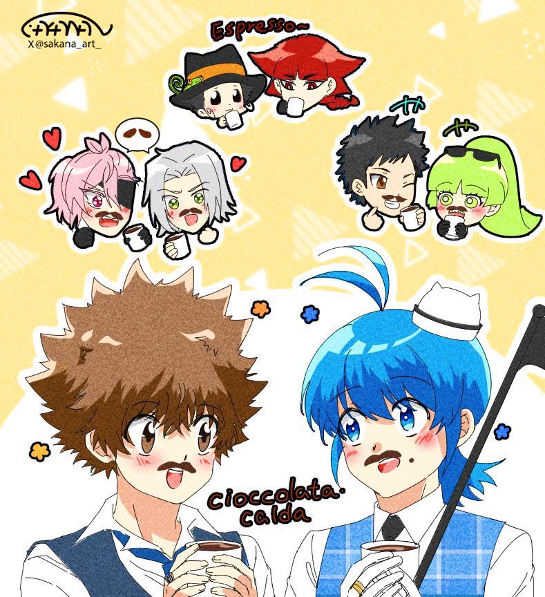 【落書き】家庭教師ヒットマンREBORN! X 魔入りました！入間くん if Episode of 魔フィア🧡💙 
if東の国からのお客様...パロ
#FANART #リボーン #REBORN #沢田綱吉 #獄寺隼人 #山本武 #魔入りました入間くん #if魔フィア #魔入間FA #鈴木入間 #アスモデウス・アリス #ウァラク・クララ #オペラ