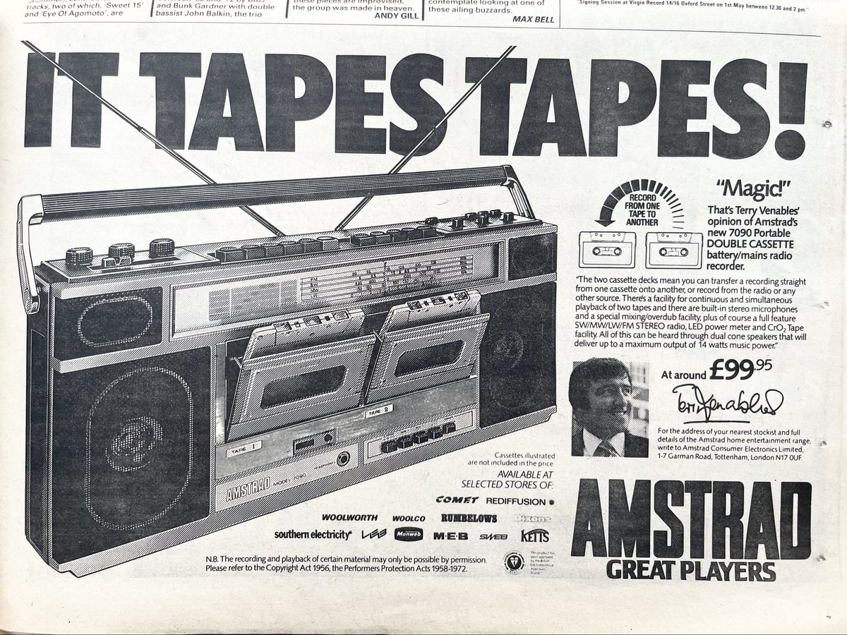Amstrad double cassette radio recorder, promoted by Terry Venables.
Advert, New Musical Express, 2 May 1981.