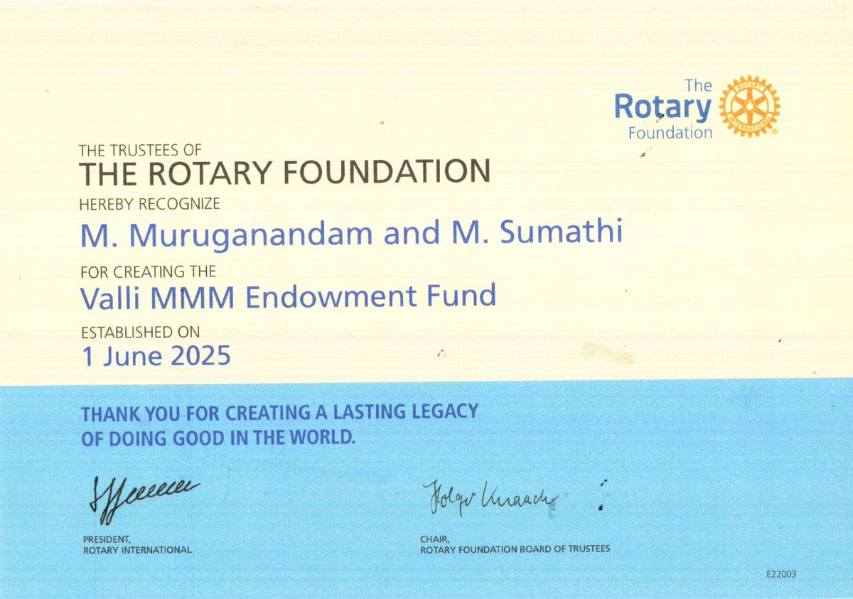 Proud Moment to Share 🤝
Rtn. AKS Er. Muruganandam M (MMM), RI Director 2025–27, and Rtn. Sumathi Muruganandam are recognized by The Rotary Foundation for creating the Valli MMM Endowment Fund (USD 25,000) in memory of (Late) Mrs. Valli Maruthaiyan — a legacy of love, service.
