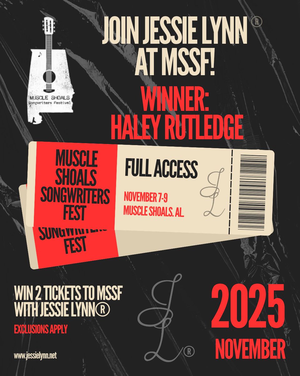 🎟️ WINNER ANOUNCEMENT 🎟️

We are thrilled to announce that our winner of TWO Muscle Shoals Songwriters Featival Tickets is 🥁

⭐️ HALEY RUTLEDGE ⭐️

Haley and one guest will be joining Jessie Lynn next weekend up in Muscle Shoals for the hottest songwriters event in the south!