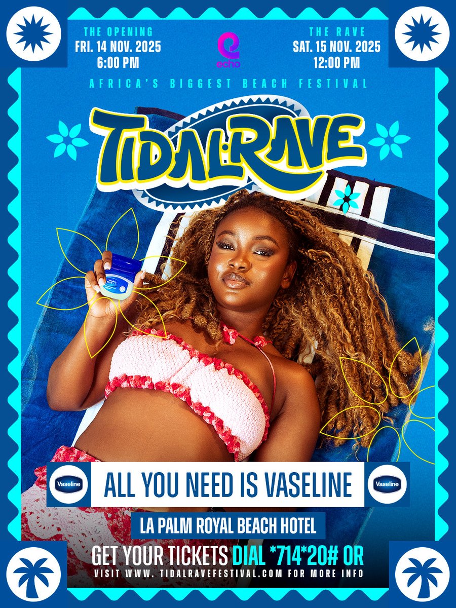 The beach sun hits different when your skin’s ready for it.
@Vaselineghana is joining the Rave to keep every glow game strong. 🌞✨ 

Got your ticket?
Visit tidalravefestival.com or dial *714*20#

🎟️Buy the VIP or Wildcard ticket to access the pre-party.

#TidalRave25