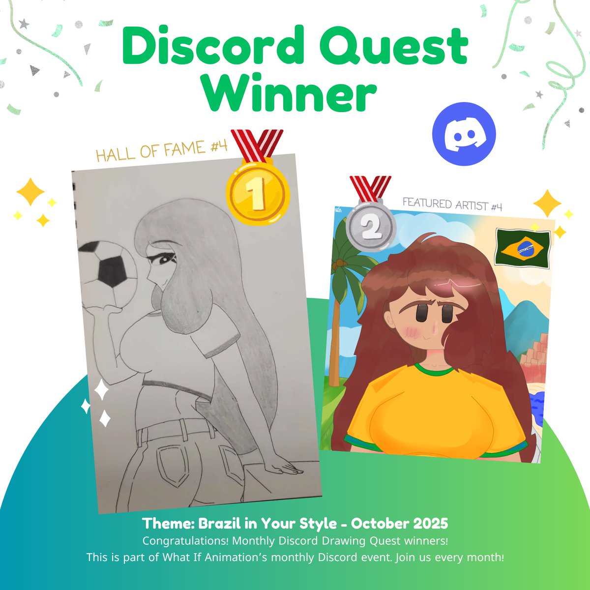 WhatifAnimation's tweet image. Discord Quest Winners - October 2025 ❤️
Theme: Brazil in Your Style

So many amazing works this month, thank you all! 💚💛
Next quest starts now!

Join My Discord Server:
🔗 discord.com/invite/G7xjBsT…