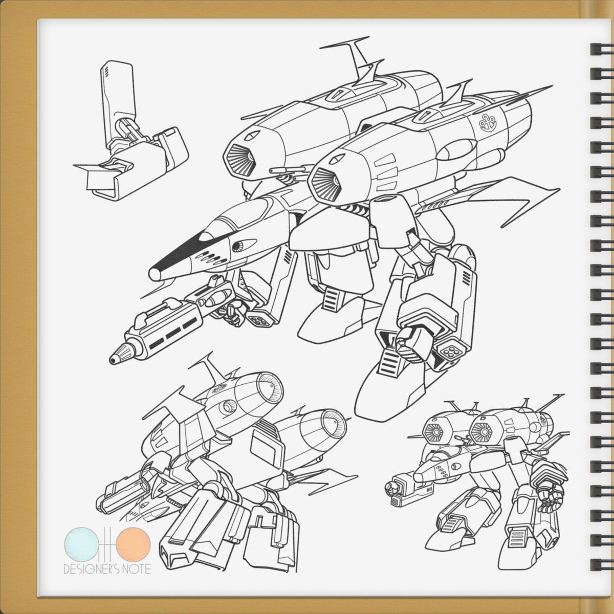 📒デザイナーズノート
コスモタイガーⅡプラス 5
波動パック装着 2
ガウォーク形態
コスモタイガーⅡにVF-1バルキリーのような変形機構をプラス、さらに拡張パーツをプラスした状態からガウォークに変形。