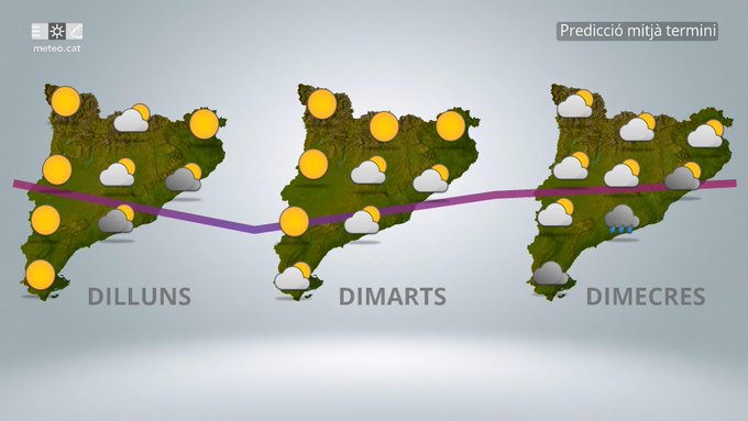 Tres mapes de Catalunya un al costat de l'altre mostren prediccions meteorològiques a mitjà termini. El mapa de l'esquerra etiquetat DILLUNS mostra icones de sol grogues disperses sobre terra verda amb contorns de núvols liles i una línia de frontera lila. El mapa del mig etiquetat DIMARTS presenta sols grocs similars enmig de terreny verd i núvols liles. El mapa de la dreta etiquetat DIMECRES mostra sols grocs, zones verdes, núvols liles i una icona de pluja blava a la secció est. El disseny general inclou un fons gris amb el títol Predicció Mijà Termini a la part superior.