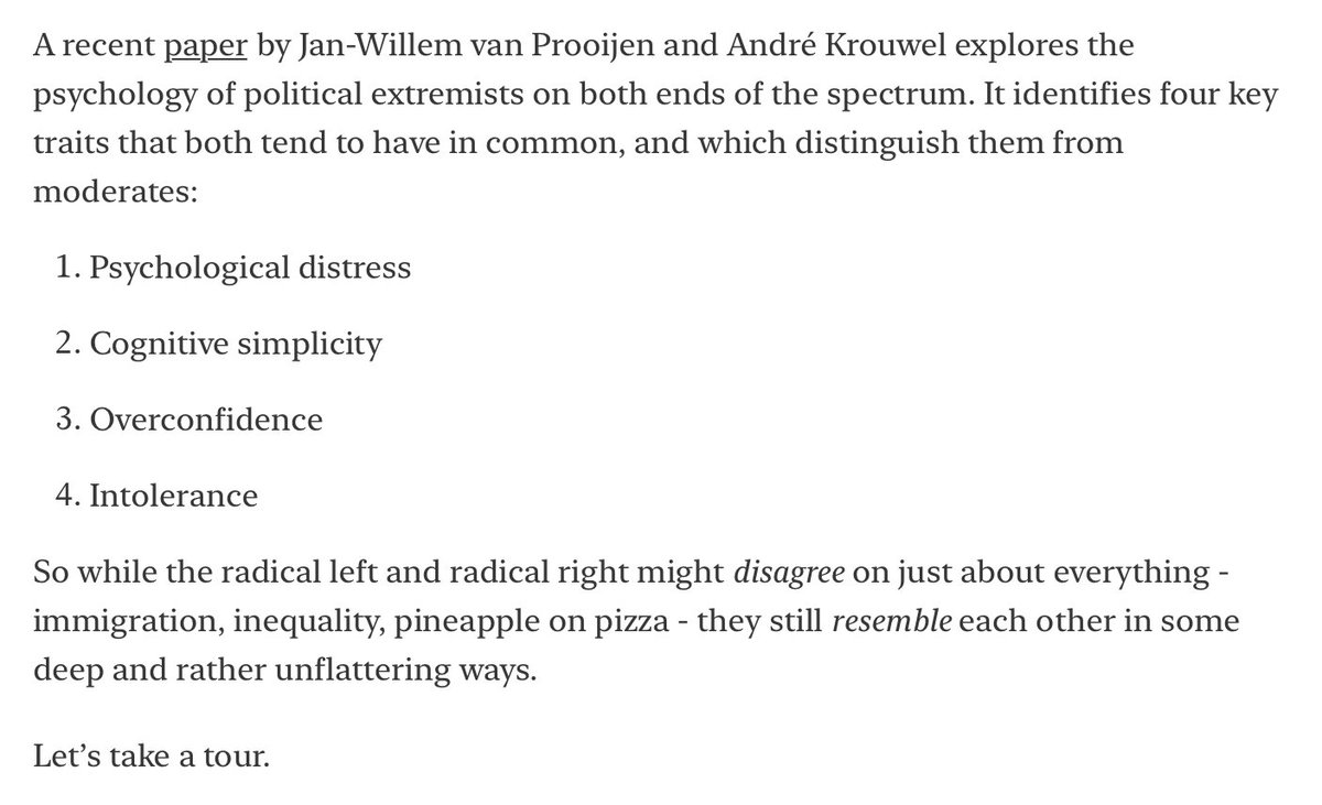 SteveStuWill's tweet photo. Four traits that both left-wing and right-wing political extremists have in common, and which differentiate them from political moderates:

1. Psychological distress
2. Cognitive simplicity
3. Overconfidence
4. Intolerance

https://t.co/zwEKCxdJhN https://t.co/DUtZVRgXS5