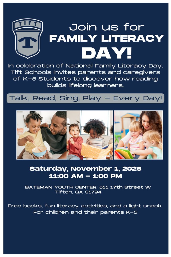 NEMiddle's tweet image. Today’s the day! 🎉 Family Literacy Day is today from 11 AM–1 PM. Ages 0-5 at Maggie Campbell’s Gingerbread House ELC (719 S Ridge Ave.) and Grades K-5 at the Bateman Youth Center (511 17th St W). Free books, guest readers, fun activities &amp;amp; more. See you soon! 💙 #4theT