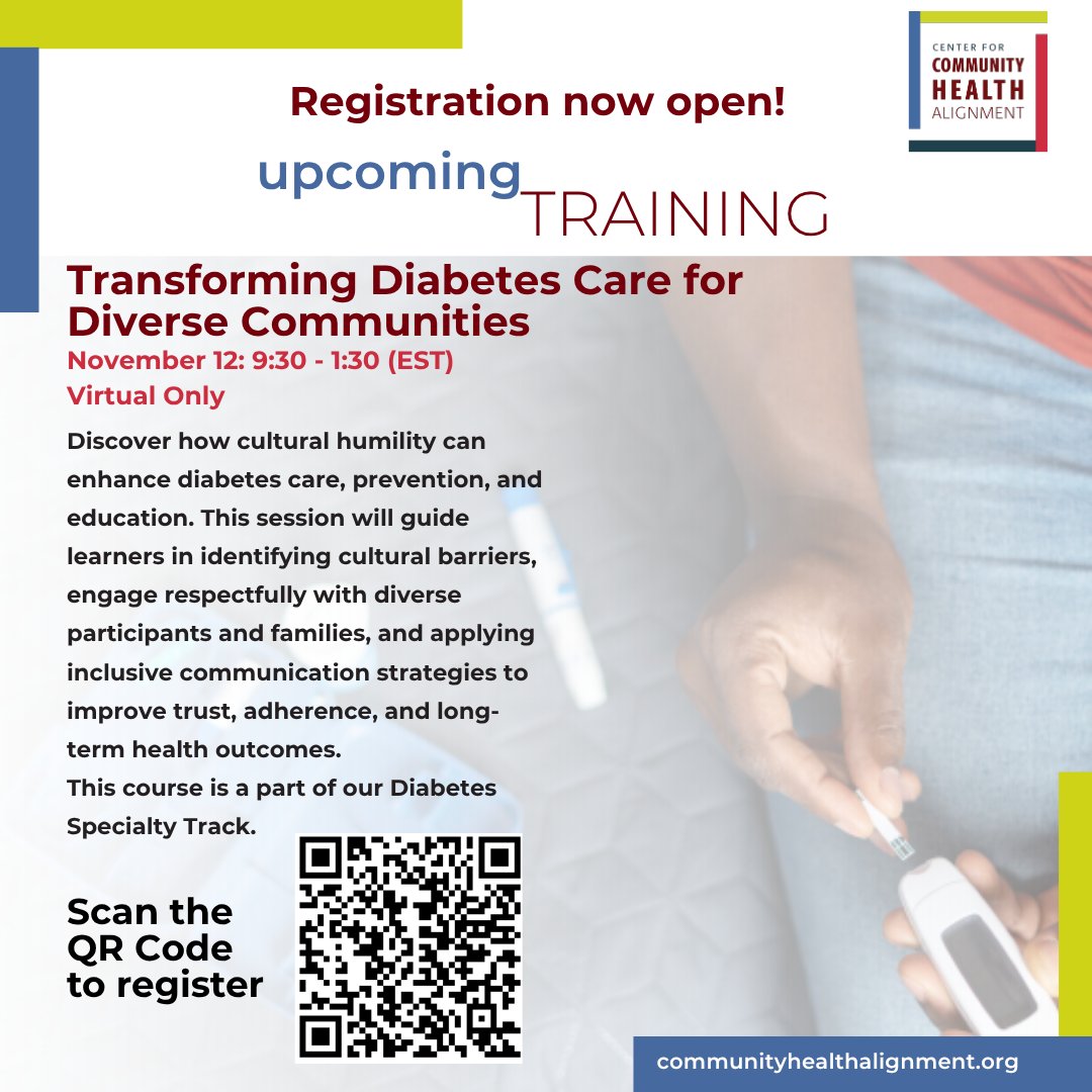 Join us on November 12 (9:30 AM–1:30 PM EST) for Transforming Diabetes Care for Diverse Communities

Virtual Only
Register Now: secure.touchnet.net/C21544_ustores… 

#DiabetesAwareness #CHWTraining #CCHA #CulturalHumility #CommunityHealth