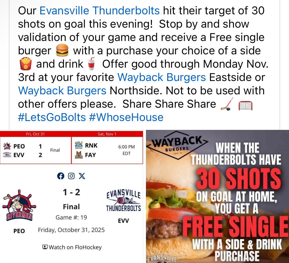WaybackEVV's tweet image. #30ShotsOnGoal #LetsGoBolts #WhoseHouse Great Deal #WaybackBurgersEvansville