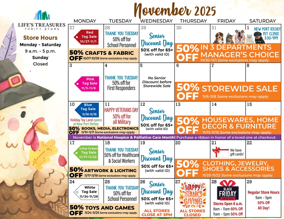 LT_Thrift's tweet image. Check out our November calendar for upcoming sales and discounts! 🍂 You can also pick up a full color copy at any one of our 5 locations. 

Brandon🦃Carrollwood🦃New Port Richey🦃South Tampa🦃Zephyrhills

#thrifting #lifestreasuresthrift #thriftingcommunity #hospicethrift