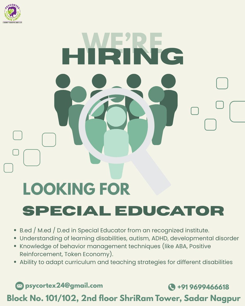 PPsycortex's tweet image. 📢 We’re Hiring!
Psycortex is looking for a passionate Special Educator in Nagpur for our offline centre. 🌟💙
Apply now and be part of something meaningful.#Psycortex #SpecialEducator #NagpurJobs #WeAreHiring #EducationForAll #ChildDevelopment #SpecialEducation #TeachingOpportun