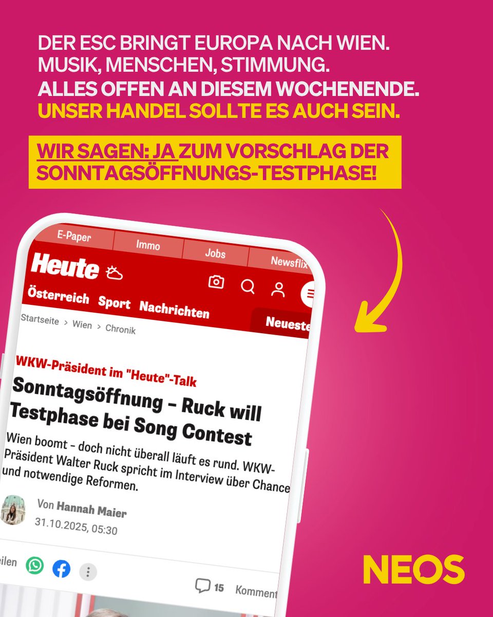NeosWien's tweet image. 🛍️ Umfragen zeigen: Die Mehrheit der Wiener:innen möchte am Sonntag einkaufen können.

Gerade rund um Eurovision ist das eine Chance für Wien – mehr Leben in der Stadt, mehr Umsatz für den Handel.

Wir NEOS sagen: JA zum Vorschlag des Sonntagsöffnungs-Tests während dem #ESC ‼️