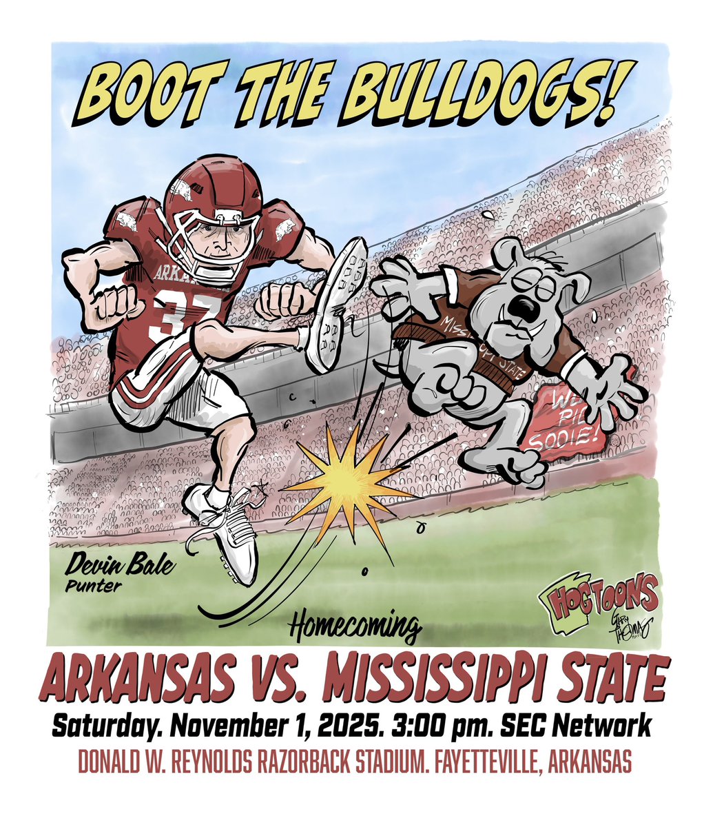 Somebody’s gonna win! Go Hogs! Boot the Bulldogs! <a href="/RazorbackFB/">Arkansas Razorback Football</a> <a href="/HailStateFB/">Mississippi State Football</a> <a href="/wholehogsports/">WholeHogSports.com</a> #hogtoons #devinbale #razorbackfootball