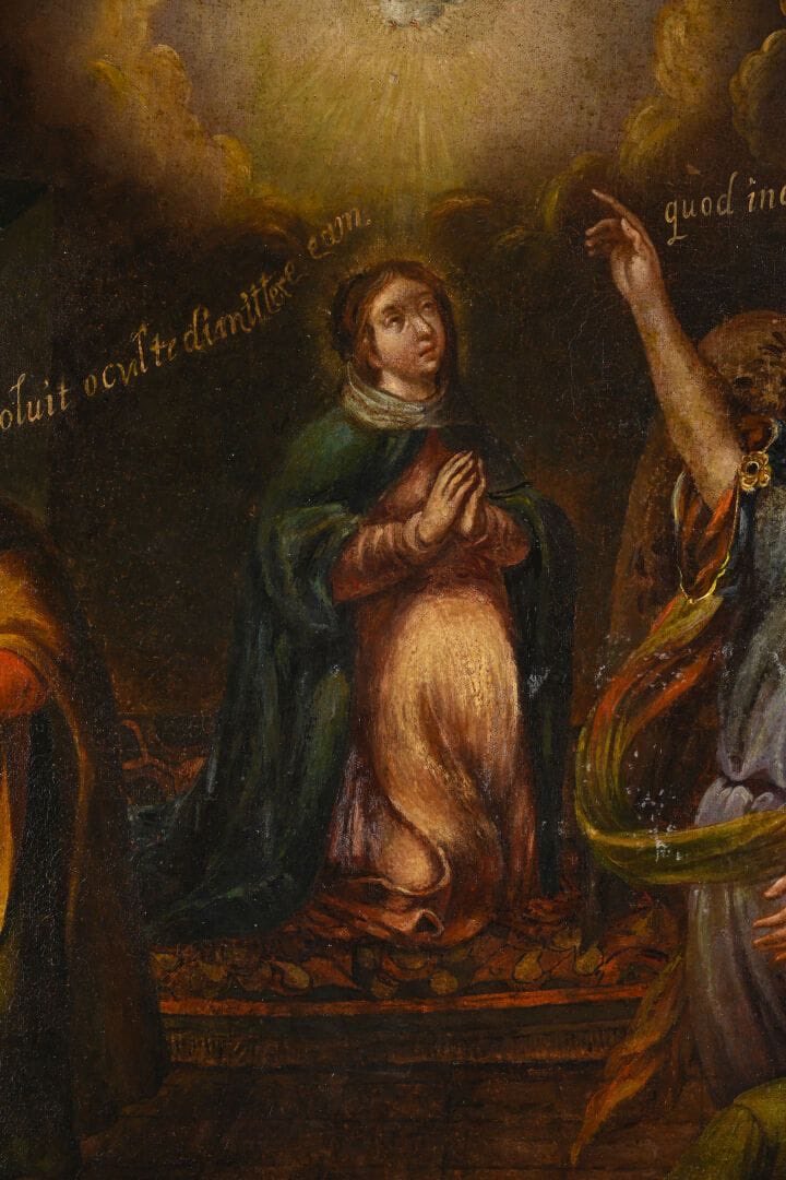 De los 800 € a los 10.100 € sube en Auvernia-Ródano-Alpes esta espléndida obra firmada por el  pintor novohispano Juan SANCHEZ SALMERON (activo en Méjico 1666-1688) "Las siete penas y alegrías de San José La Anunciación” (óleo sobre lienzo 97 x 77 cms)