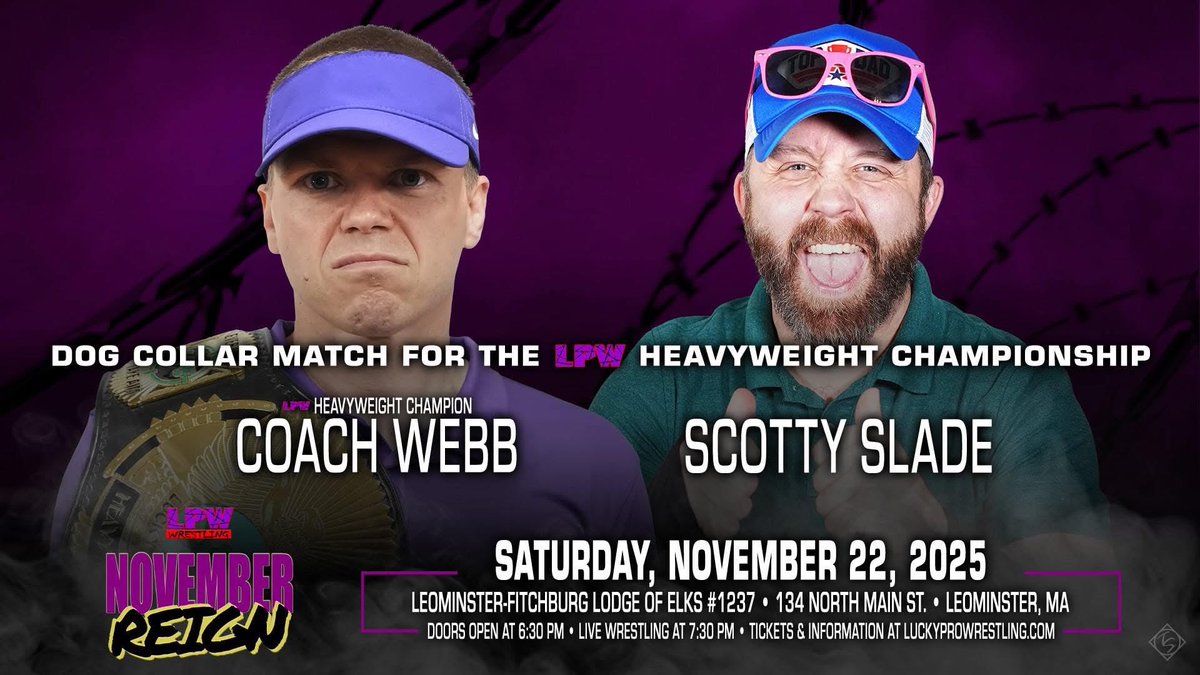 LProWrestling's tweet image. Lucky Pro Wrestling presents &quot;November Reign&quot; on Saturday, Nov 22 at the Elks Hall (134 N Main St) in Leominster, MA. Doors open at 6:30PM; live wrestling at 7:30PM. Tickets for this event are just $15!  luckyprowrestling.com 
Dog collar match for LPW Championship:
LPW Champion…