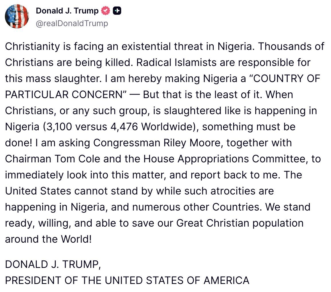#1Nov <a href="/realDonaldTrump/">Donald J. Trump</a> ha sido el ÚNICO presidente estadounidense en pronunciarse sobre la matanza de los cristianos y uno de los pocos del mundo. 
El partido demócrata no ha dicho absolutamente nada. Y figuras como <a href="/NICKIMINAJ/">Nicki Minaj</a> lo agradecen como todos los que somos CRISTIANOS.