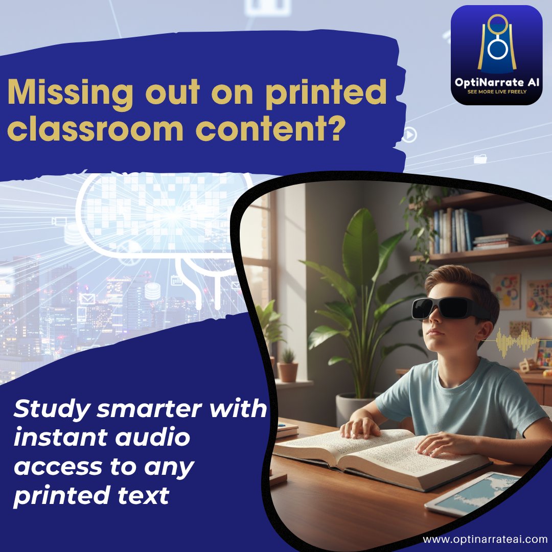 optinarrateai's tweet image. 📚 No more missing out on classroom content.

With OptiNarrate AI, students can instantly hear any printed text — notes, handouts, or books — read aloud in real time. 👓🔊
Because learning should be accessible to everyone. 

#OptiNarrateAI #AssistiveTechnology #AccessibleLearning