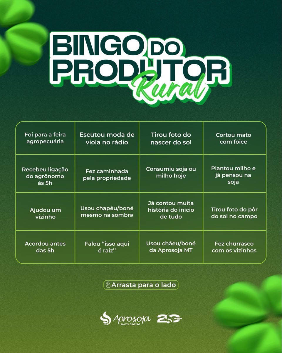 AprosojaMT's tweet image. Bingo do Produtor Rural!🚜

Será que você marca todos esses quadrinhos? 🧐

Conta pra gente nos comentários: qual dessas atividades faz parte da sua rotina no campo? 👇

#AprosojaMT #BingoDoCampo #ProdutorRural #VidaNoCampo #Agronegócio #Soja #Milho