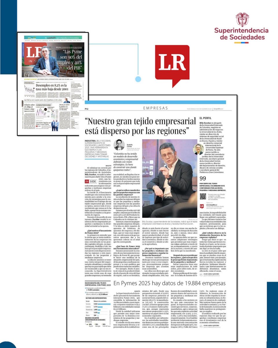 #EsNoticia 📰 | Destacamos la  entrevista del Superintendente de Sociedades, Dr. Billy Escobar, publicada por el diario La República, en la que presenta la herramienta Pymes 2025

👉 Lee la nota completa aquí: acortar.link/ntjpS0