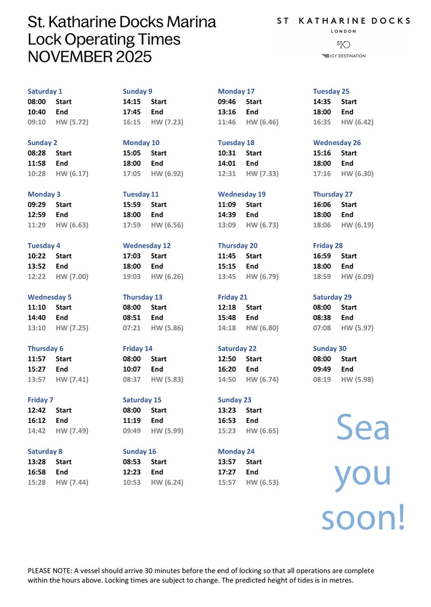 Pinch punch first of the month. Hello November, a very festive-feeling London is calling. If you are planning on to visit SKD Marina this month you can download the locking times here skdocks.co.uk/marina 
Why not book your festive stay now
#seayousoon #winterberthsavailable