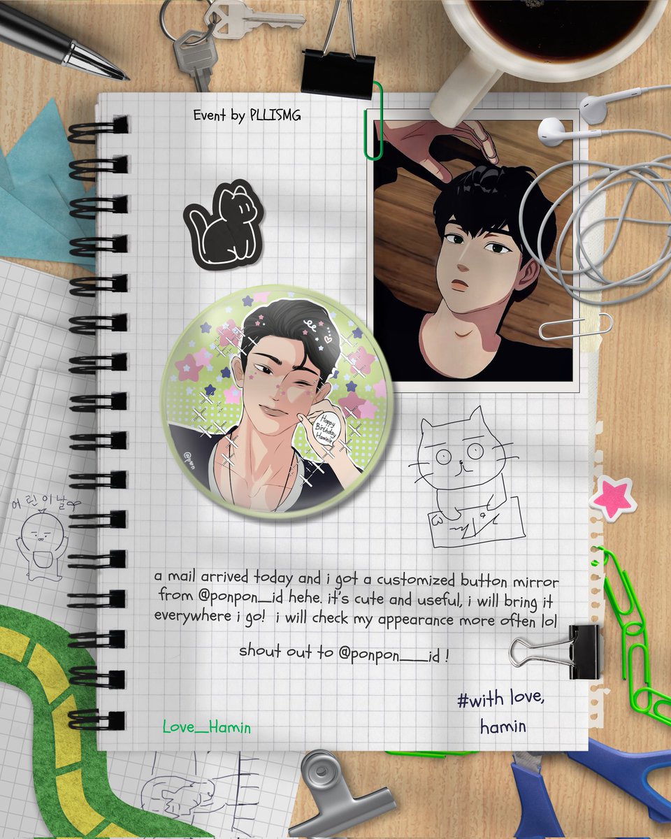 Dear diary,

📔 today’s highlight: got a button mirror pin from my friend <a href="/PonPon_ID/">PonPon</a>! now i can finally stare at my face anywhere anytime (as if i don’t do that already) 😎✨ thankyou so much! 🖤

With Love,
Hamin. 

#PLLISMG #Love_Hamin #HAMIN #하민 #플레이브 #PLAVE