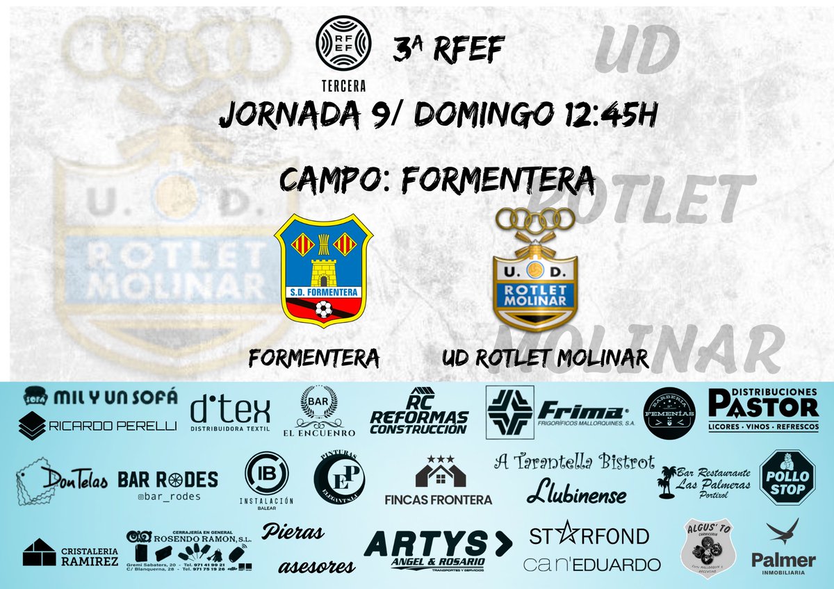 ⚫⚪ Primer equipo

🏆 Mañana jugamos fuera frente al Formentera a las 12:45h 🏟️
💪🏻 9ª jornada, nos desplazamos a la isla de Formentera con ganas de traernos los 3 puntos a casa. ⚽