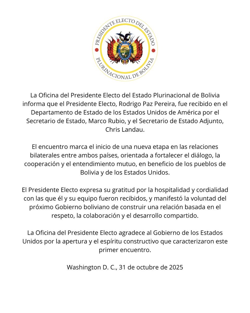 Oficina del Presidente Rodrigo Paz Pereira (@ofiprebo) on Twitter photo 