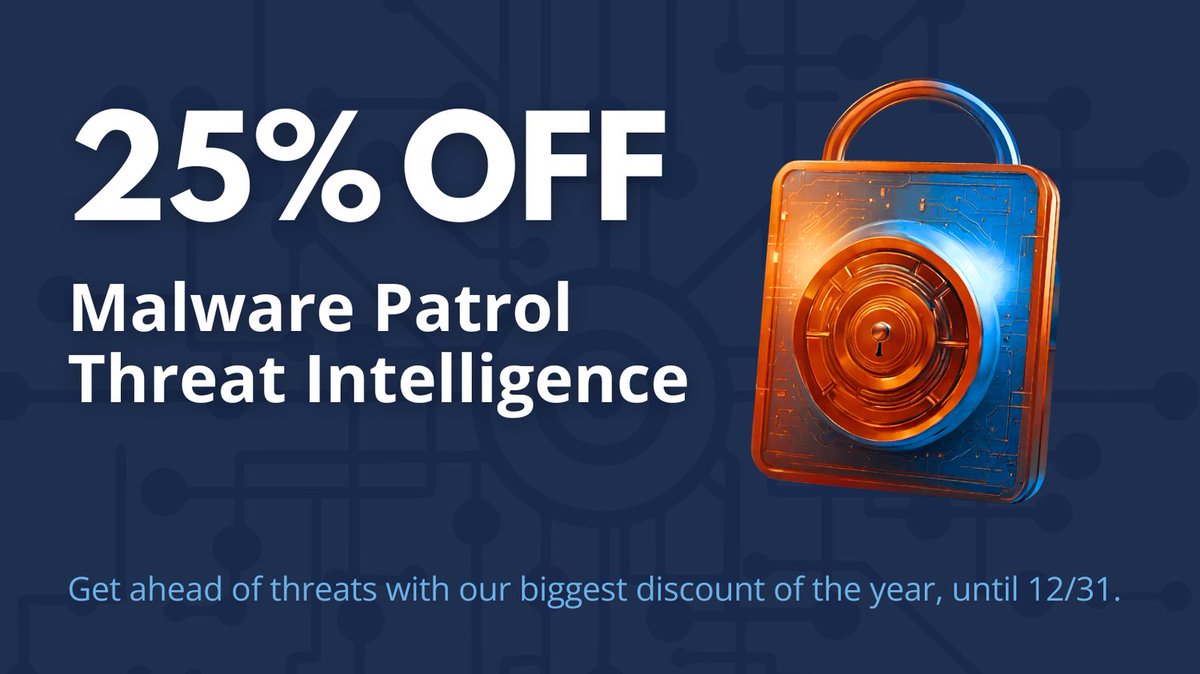 MalwarePatrol's tweet image. Our annual sale is underway. New customers get 25% off their first year's subscription. Includes all threat data feeds &amp;amp; packages. Valid until Dec 31st. 

Request your free trial today. --&amp;gt; malwarepatrol.net/enterprise-eva…

#CyberSecurity #ThreatIntel #onpatrol4malware
