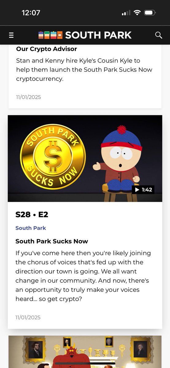 Here’s another sign! The meme coin clip is on the South Park website 😂 SEND IT! They have to know what they unleashed.