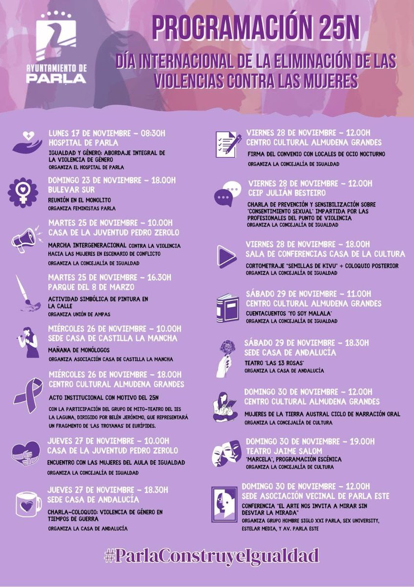 PSOEdeMoral's tweet image. Cuando se analizan los programas de ciudades gobernadas @psoe_m como @AytoParla te visualiza lo que es poner en el centro de las políticas la igualdad y la diversidad. #25N