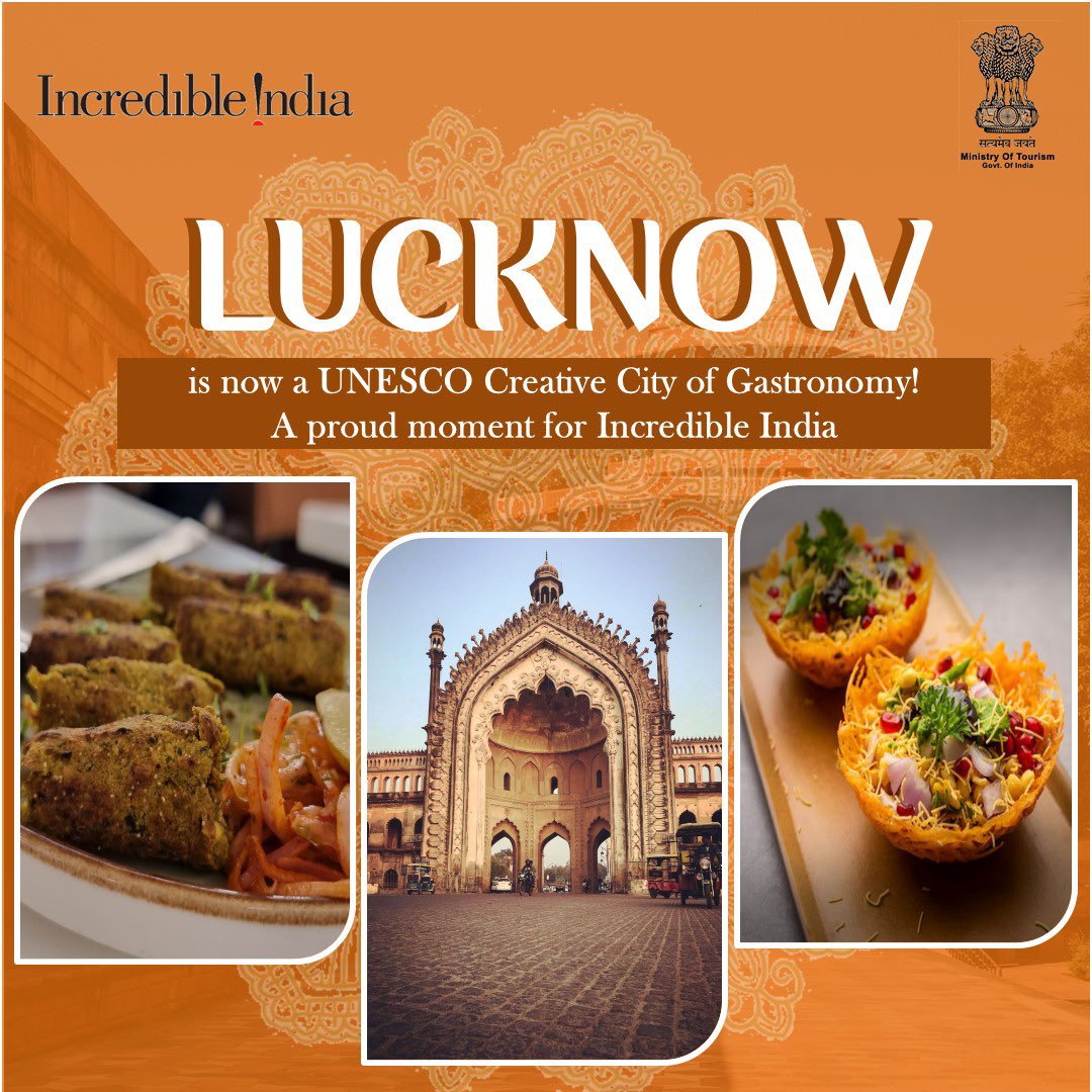 tourismgoi's tweet image. A proud moment for #Incredibleindia 

Lucknow is now a UNESCO Creative City of Gastronomy, celebrating its world-famous Awadhi flavours from melt-in-the-mouth kebabs to iconic basket chaat. A true tribute to India’s rich culinary legacy

#UNESCO #Gastronomy #HeritageCuisine