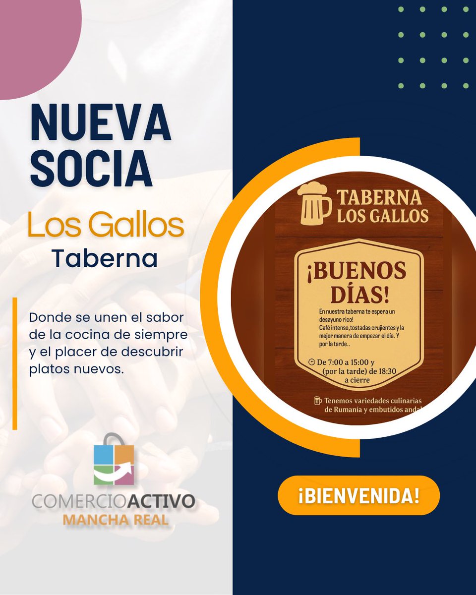🐓 ¡Nuevo miembro en #ComercioActivo!
Taberna Los Gallos reabre con nueva gerencia y muchas ganas de ofrecer lo mejor 🍽️✨

Desayunos, tapas y cenas con sabor andaluz y toques rumanos 😋🇷🇴🇪🇸
📍 C/ Carnicería, 102 · Mancha Real
#ManchaReal #HosteleríaLocal #TabernaLosGallos
