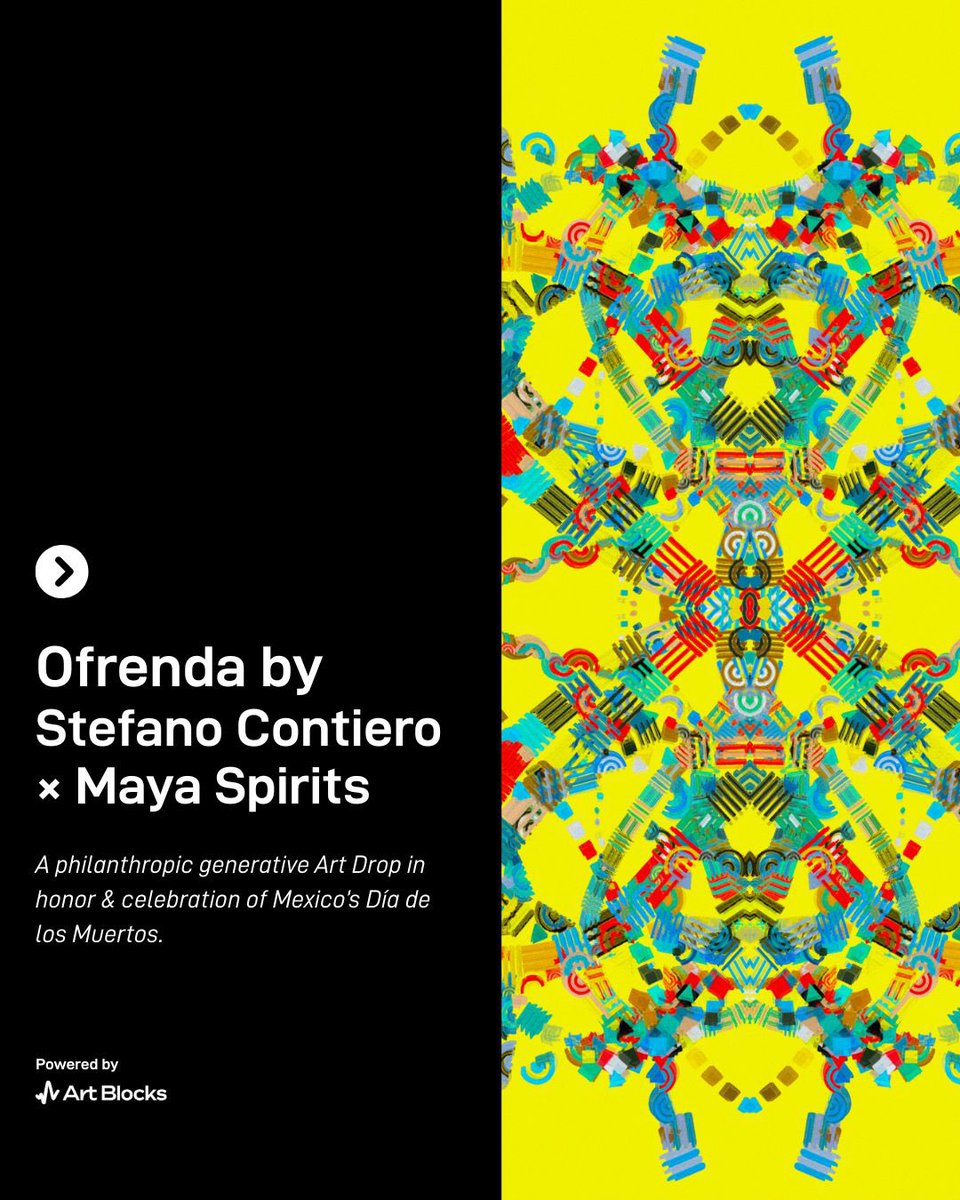 mayaspiritsnft's tweet image. Gm 💚✨
“Ofrenda” by @stefan_contiero live now on @opensea
A generative way to celebrate Dia de Muertos 🕯️
Powered by @artblocks_io
Less than half remaining 🤯