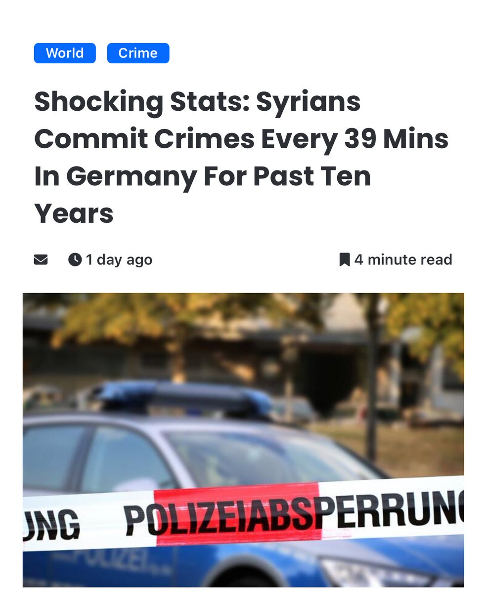 LeonardoPanetta's tweet image. Il governo tedesco ha rivelato che tra il 2015 e il 2024 sono stati commessi 135.668 crimini da parte di sospettati siriani, ovvero uno ogni 39 minuti negli ultimi 10 anni.

Complessivamente, nel decennio sono stati registrati oltre 460.000 reati che hanno coinvolto sospettati…